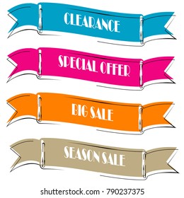 Set of Flat linear promotion ribbon banner scroll  price tag sticker badge poster isolated