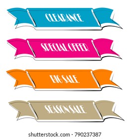 Set of Flat linear promotion ribbon banner scroll  price tag sticker badge poster isolated