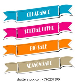 Set of Flat linear promotion ribbon banner scroll  price tag sticker badge poster isolated