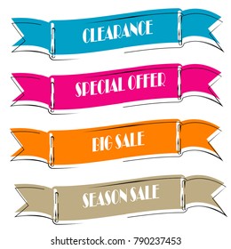 Set of Flat linear promotion ribbon banner scroll  price tag sticker badge poster isolated