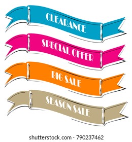 Set of Flat linear promotion ribbon banner scroll  price tag sticker badge poster isolated