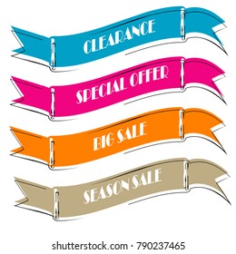 Set of Flat linear promotion ribbon banner scroll  price tag sticker badge poster isolated