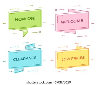 Set of flat linear promotion ribbons, banners, price tags, stickers, badges, posters. Vector illustration.
