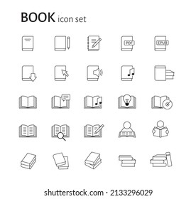 Set of flat linear simple book icons. Group of pictograms for reading, studying, information, education concept. Vector line illustration isolated on white background, easy to edit.