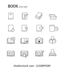 Set of flat linear simple book icons. Group of pictograms for reading, studying, information, education concept. Vector line illustration isolated on white background, easy to edit.