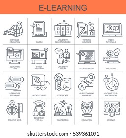 Set flat linear vector icons. E-learning.