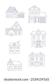 Set of flat lined suburban homes, houses. Icone  
