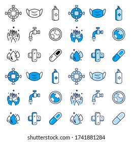 Set Flat Lines Icon. Corona Virus Covid-19 Prevent. Health Medicine Hygiene. Hand wash, Mask, Sanitizer, Virus, Faucet, World, Water, Plus, Drug Icons