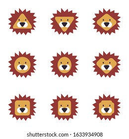 Set of flat lion icons, geometrical shapes, cute cartoon lion set