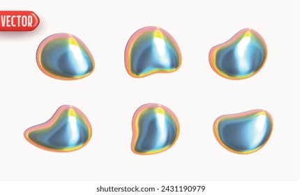 Set of flat liquid drops of different shapes of objects realistic 3d design. Design elements isolated on white background. Vector illustration
