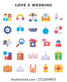 Conjunto de iconos planos de amor y Boda. Icono de arte plano. Ilustración vectorial