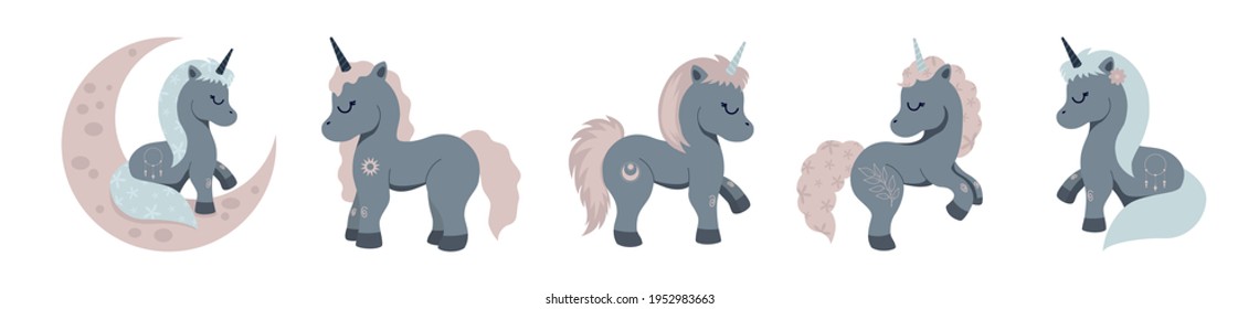 Set of flat magical unicorn. Cute Bohemian pony . Celestial Magical pastel clipart