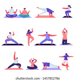 Set of Flat Male and Female Sport Activities Characters. Cartoon People Doing Sports, Yoga Exercise, Fitness, Workout in Different Poses, Stretching. Vector Illustration.