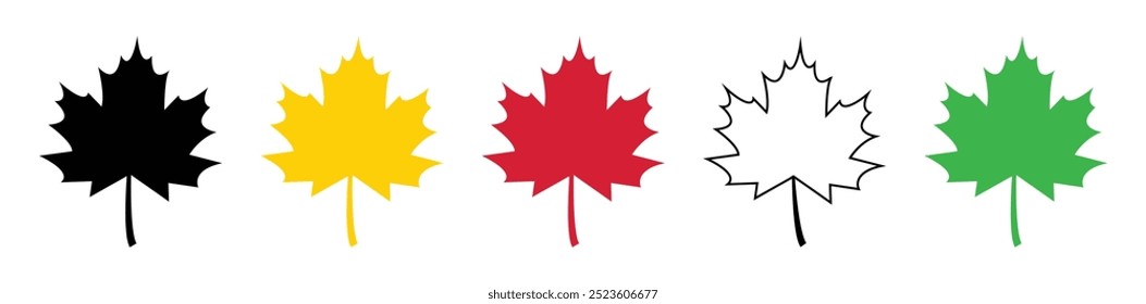 Set of flat maple leaf shape icons isolated on white background vector illustration. Canadian maple leaf icon set in different color. Forest and wood signs symbol.