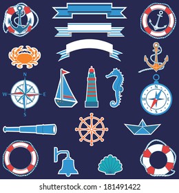 Set of flat marine elements. Vector illustration
