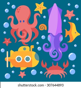 Set of flat marine icons. Octopus, squid, submarine, fish,crabs, bubbles, starfish.