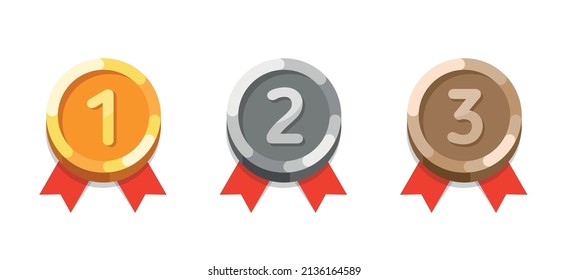 A set of flat medals for first, second, third place. Awards - gold, silver, bronze. Vector stock illustration.