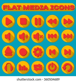 set Flat media icon red, blue and yellow