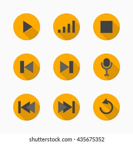 Set of flat media player buttons with shadows. Control buttons vector illustration.