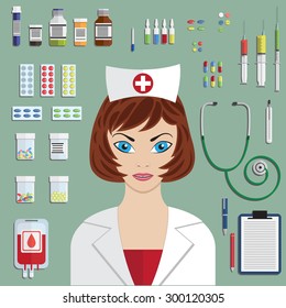 Set of flat medical objects with nurse portrait.