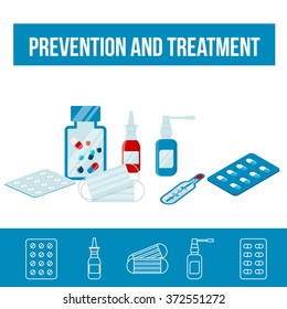 Set flat medical pills, isolated icons, tablets, medicines, pills, thermometer, throat spray, nasal spray, mask on the table. Prevention of influenza disease. Pharmacology
