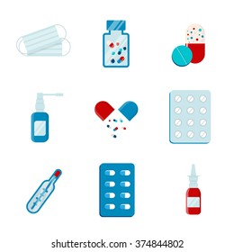 Set flat medical pills, isolated icons, tablets, medicines, pills, thermometer, throat spray, nasal spray, mask. Prevention of influenza disease. Pharmacology