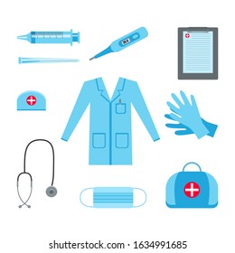 Set of flat medicine icons. Syringe for injection, needle, medical gloves, mask, medical gown, cap, stethoscope, thermometer, clipboard, bag, cross symbols. Design elements. Vector illustration.