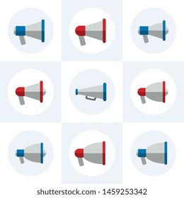 set of flat megaphone icons. modern loudspeaker signs. vector audio, music, voice, sound symbols on checkered background. eps 10