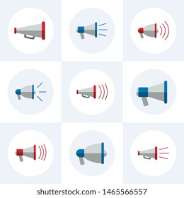 set of flat megaphone icons. modern loudspeaker signs. vector audio, music, voice, sound symbols on checkered background. eps 10
