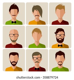 Set of flat men avatars icon in square. Men with different hairstyle