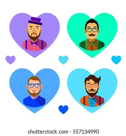 Set of flat men icons. Hipster boys isolated in heart with long shadow. Fashion look hairstyle. Vector user avatars. Valentine's Day cards. Relationship sensual concept.Cute homosexual partner art