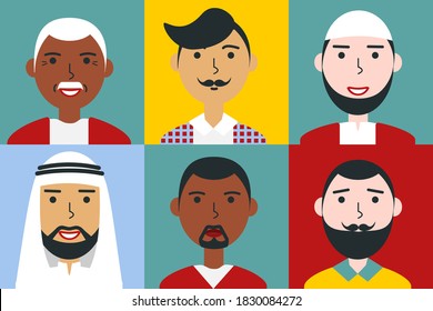 Conjunto de retratos de hombres planos, jóvenes y mayores, africanos, asiáticos, de etnia árabe. La gente se enfrenta a avatares, estilos de vida diferentes, peinados, paños, emociones vectoriales. Caracteres para web, videojuegos, cuenta.