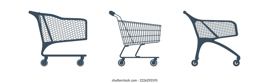 Set of flat metallic supermarket pushcart. Side view silhouette of metallic shopping cart, plastic trolley. Vector illustration