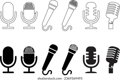 set of flat Microphone icons, linear Voice icons, recording Studio Symbol collection. Retro microphone icons. Microphone icons logo template for many purpose. Isolated on transparent background.