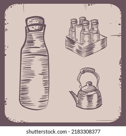set of flat milk bottles and pot