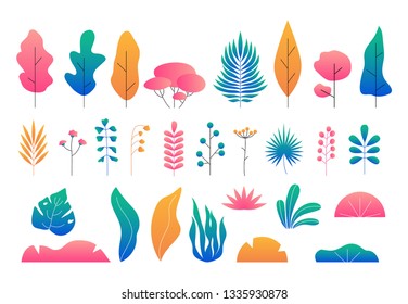 Set of flat minimal leaves, trees and bushes. Modern plants vector illustration isolated on white. Landscape element design.