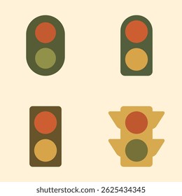 Conjunto de iconos de semáforo mínimos planos con señales rojas y amarillas sobre fondo beige