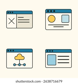 Set of flat minimal web interface icons showing layout design, cloud system, and user dashboard windows