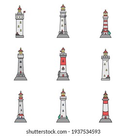 Set of flat minimalism lighthouses isolated white background. Vector illustration