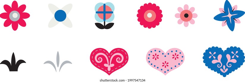 Conjunto de diseño minimalista plano de flor y adorno de icono cardíaco con fondo blanco. 