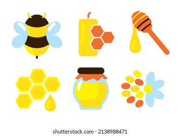 Juego de íconos minimalistas de apicultura: abeja, polen, miel, cera, panecillo. Iconos aislados para el sitio, tela, tarjetas de visita, impresión.