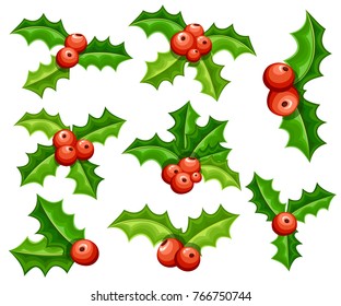 Set of flat mistletoe decoration. Red berries and green leaves. Christmas ornament. Vector illustration isolated on white background. Web site page and mobile app design
