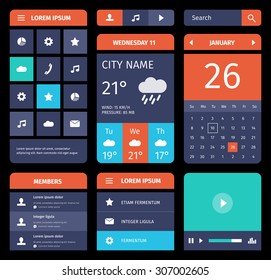 Set of flat mobile elements, design and icons for app or web. Modern red and blue colours.