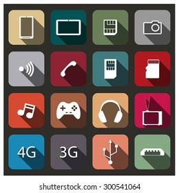 Set of flat mobile icons with long shadow isolated on black background, vector illustration.