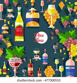 Set of flat modern alcohol wine icons background pattern, texture for restaurant, food menu. Bottles, glasses of red wine, white blanco wine, rose wine, sparkling wine, champagne and bunch of grapes