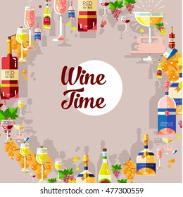 Set of flat modern alcohol wine icons background pattern, texture for restaurant, food menu. Bottles, glasses of red wine, white blanco wine, rose wine, sparkling wine, champagne and bunch of grapes