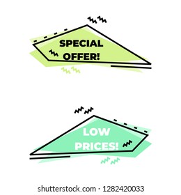 Set of flat modern banner, price tag, sticker, badge, poster, promotion ribbon, scroll in memphis design style. Modern abstract template vector illustration.