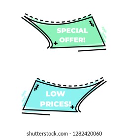Set of flat modern banner, price tag, sticker, badge, poster, promotion ribbon, scroll in memphis design style. Modern abstract template vector illustration.