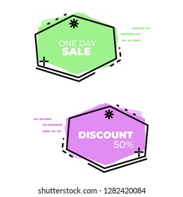 Set of flat modern banner, price tag, sticker, badge, poster, promotion ribbon, scroll in memphis design style. Modern abstract template vector illustration.