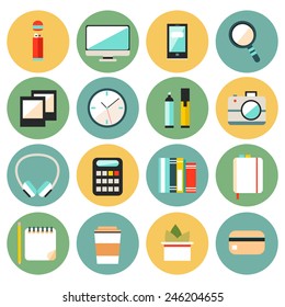 Set Of Flat Modern Design Vector Circle Icons Of Office Workspace, Workplace, Things, Equipment, Elements, Objects, Development Tools. Various Devices. Collection In Stylish Trendy Colors. 